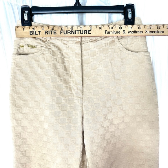 St John Vintage Women Size 2 Tan Logo Cotton Viscose Jacket Pants Set Gold - Picture 12 of 16